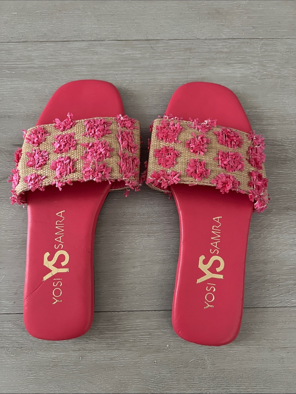 Yosi Samra Hot Pink Floral Embroidered Slide Sandals